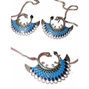 Blue Enamel Sterling Silver .925 Peacock Feather Inspired Necklace Earrings Set